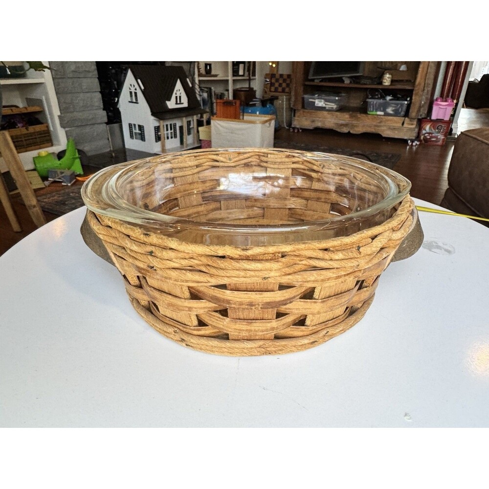 Pyrex Wicker Basket with Glass Insert, 12in Diameter, Brown/Clear